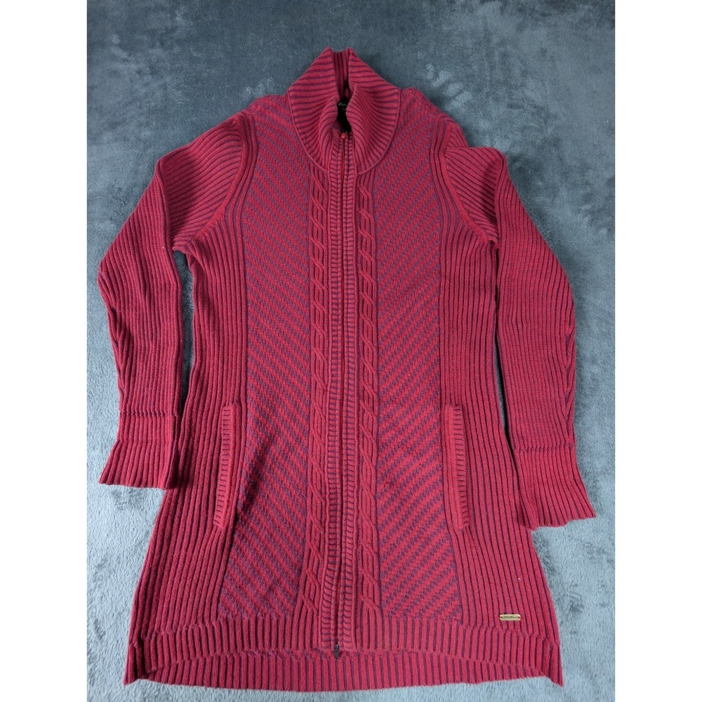 EDDIE BAUER Sweater Womens L Ribbed Geometric Cardigan Tunic Jumper Full Zip Red